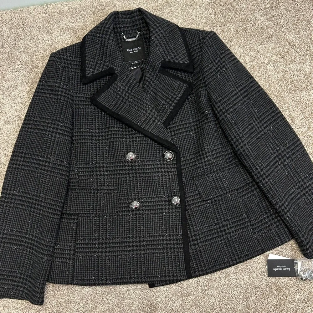 NWT Kate Spade New York Sparkle Houndstooth Wool Blend‎ Peacoat Women Size Large